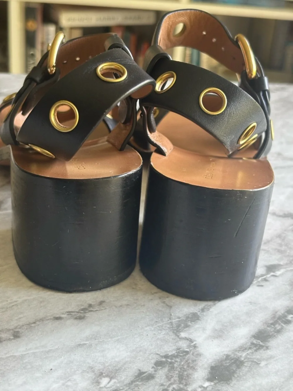 EUC CELINE Black w/Gold Grommet Straps block Heeled Sandals - Women size - Picture 4 of 6